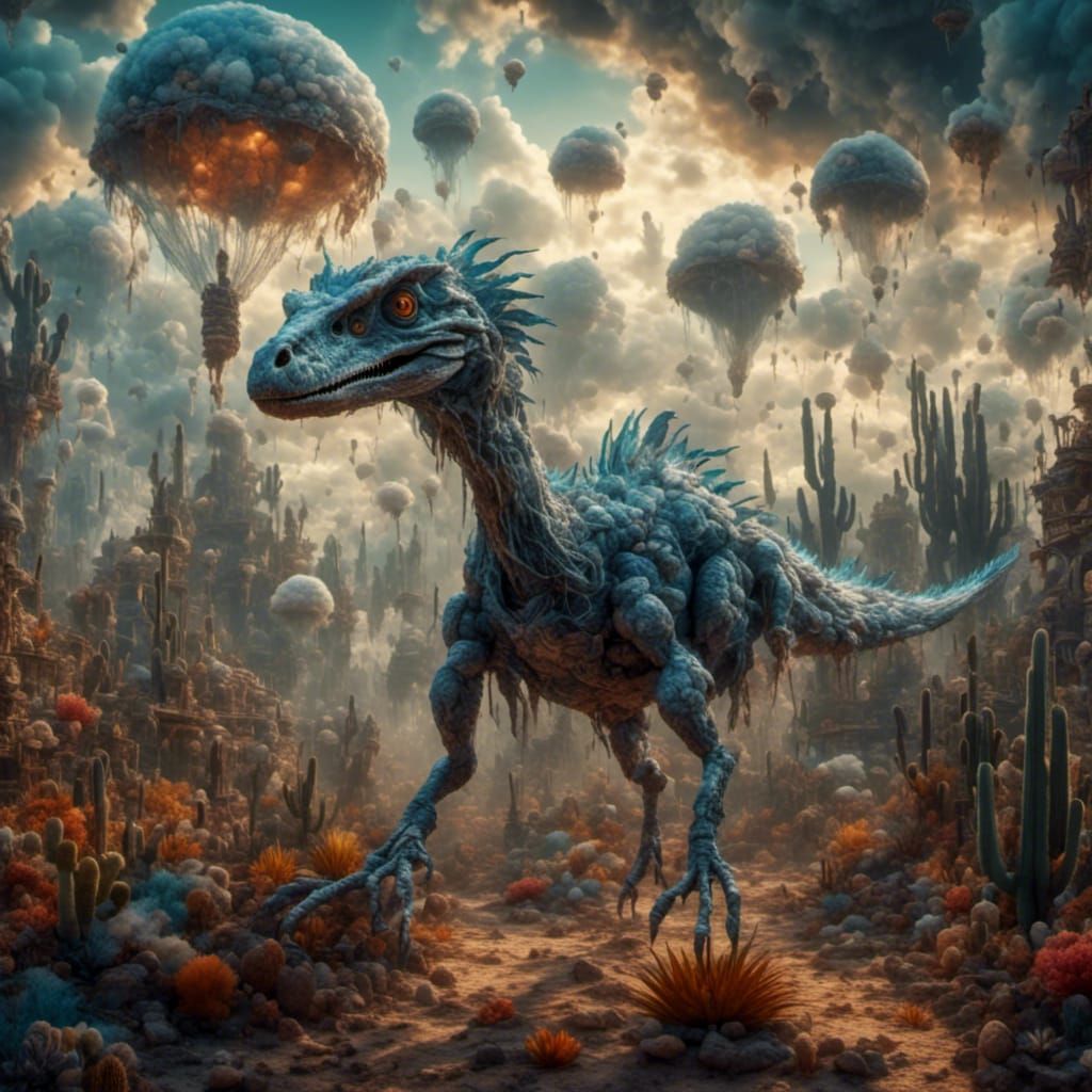 Velociraptor Parachuting into Desert: Surreal Digital Art