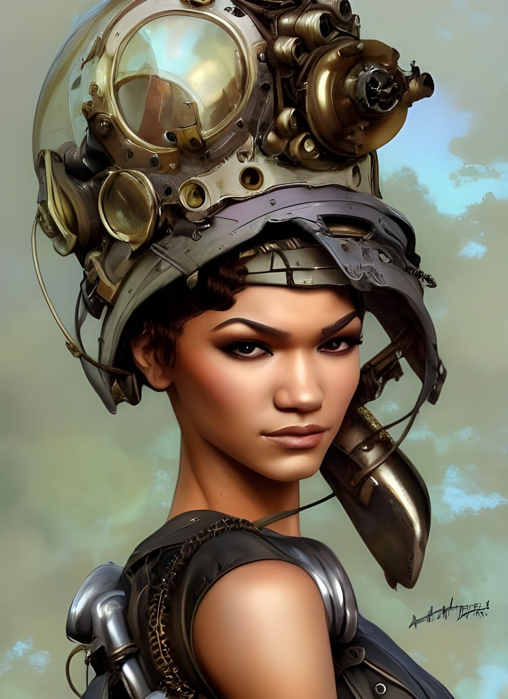 Dieselpunk Portrait of Woman in Shiny Outfit