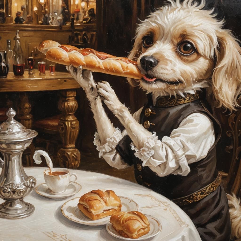 Pixar Dog Eats Baguette as Renaissance Oil Painting