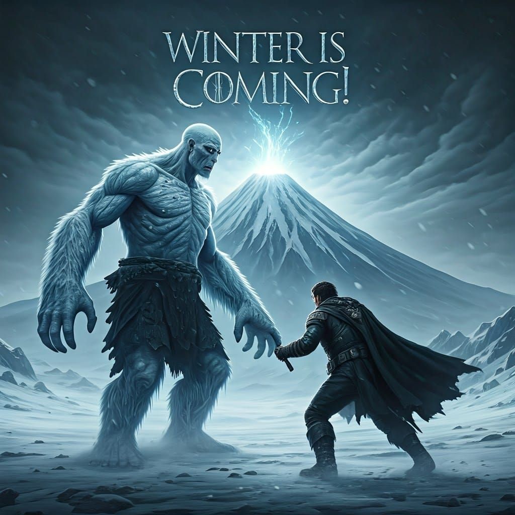 Superhero vs Frost Giant with Volcanic Mountain