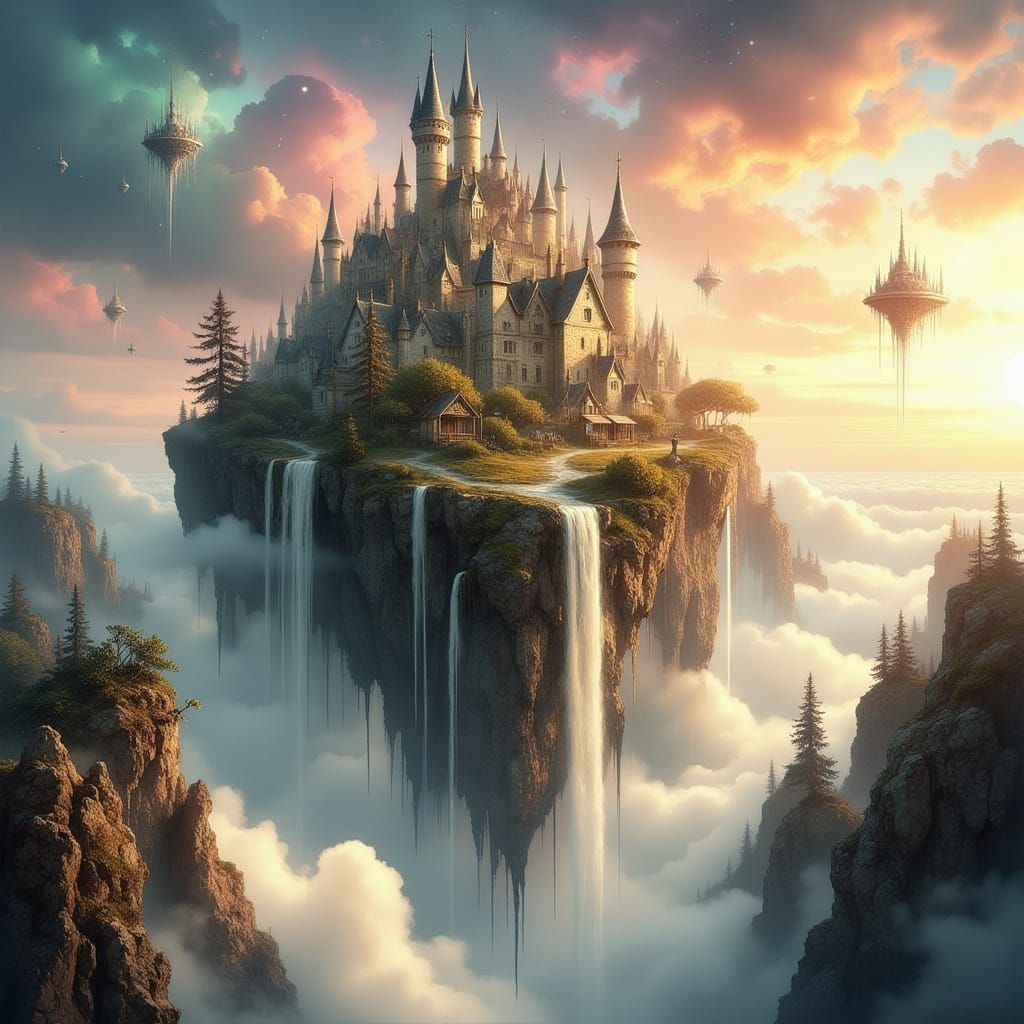 Floating Castle Above Clouds as Cinematic Digital Matte Pain...