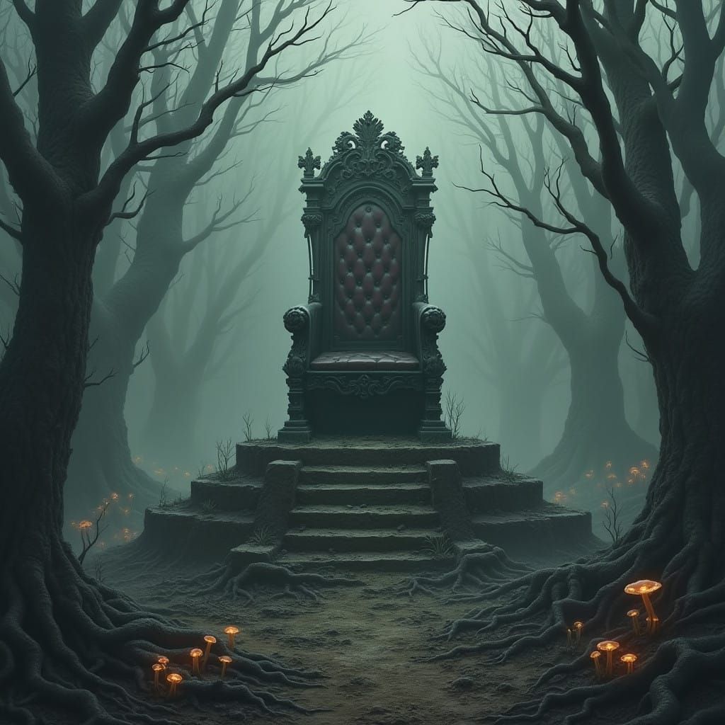 Decrepit Throne Amidst a Haunting, Barren Landscape