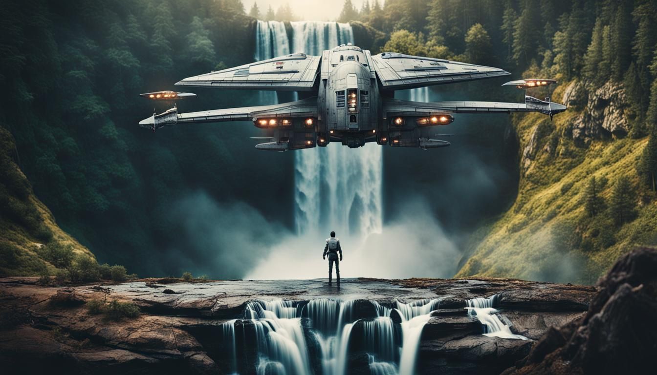 Futuristic Spaceship Landing Near Waterfall: Cinematic View