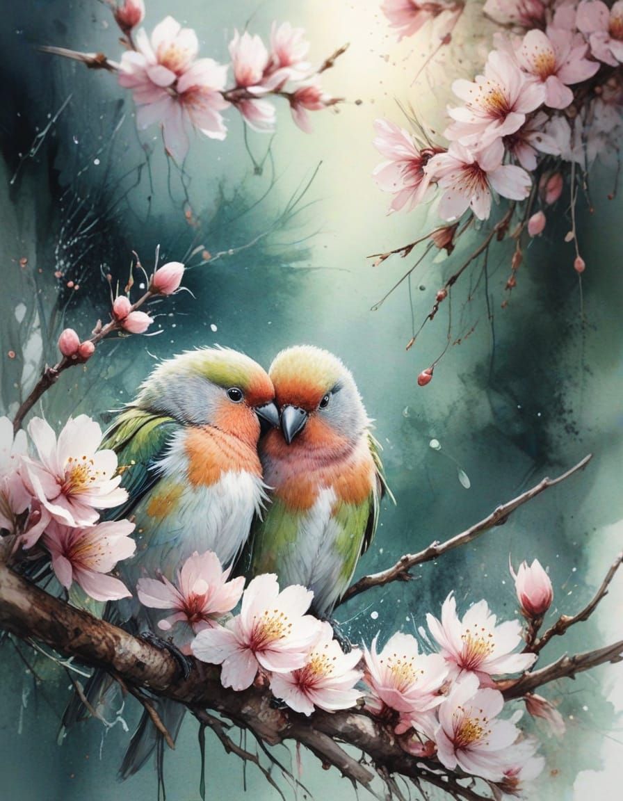 Lovebirds on Cherry Blossom Branch in Watercolor Style
