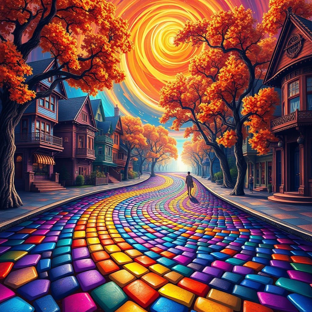 Surreal Street Scene with Kaleidoscopic Paving and Whimsical...
