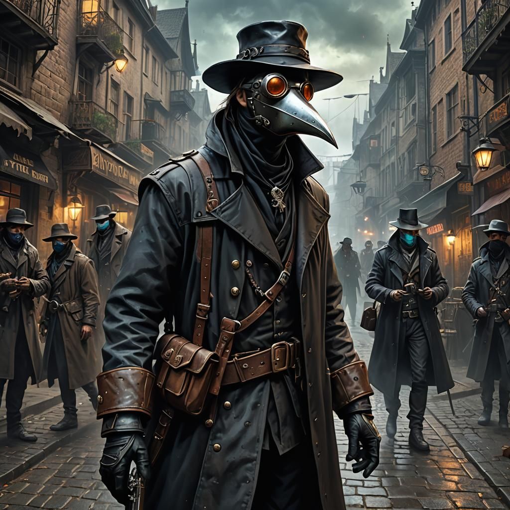 Biopunk Plague Doctor in Medieval Cityscape