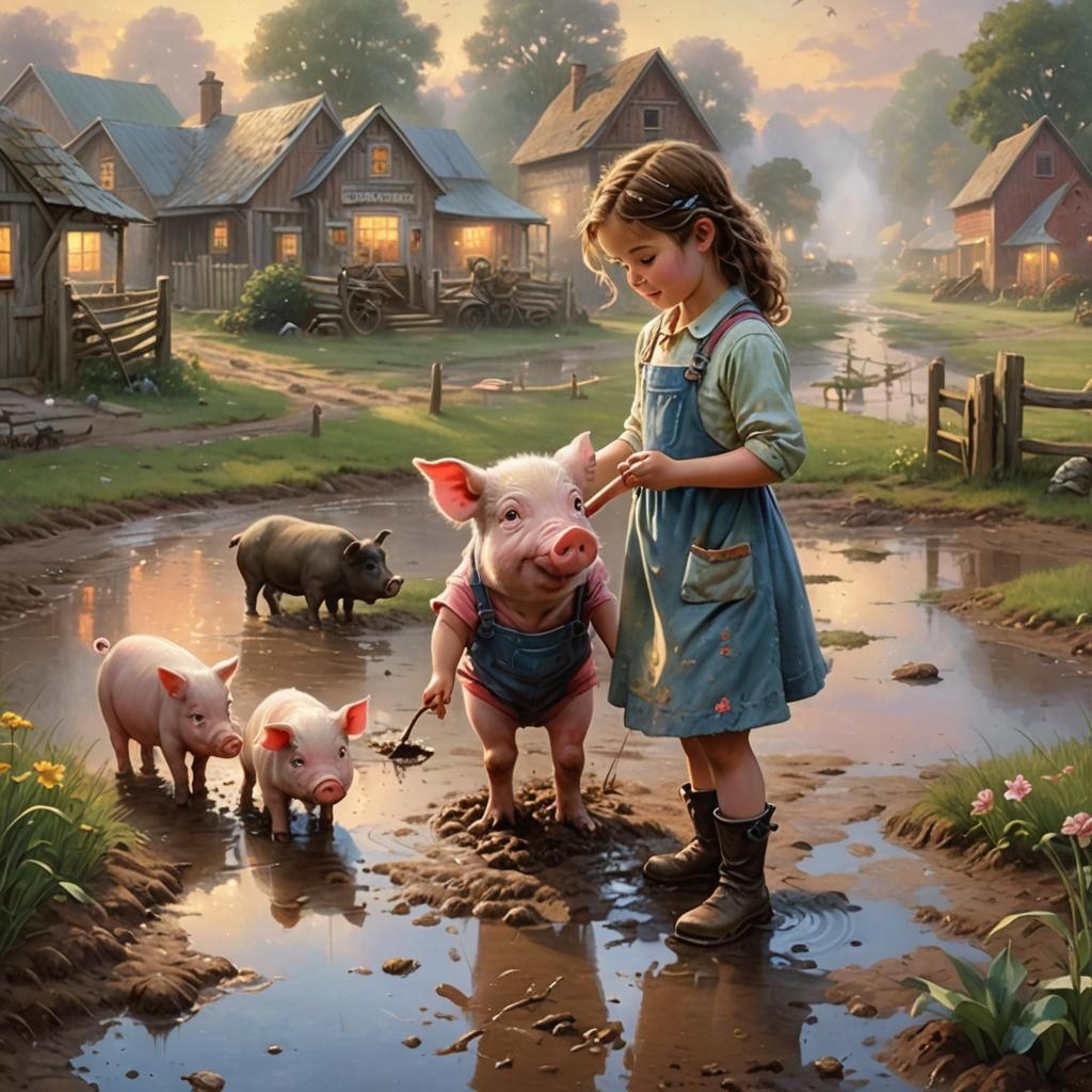 Girl and Pig Playing in Mud, Ethereal Fantasy