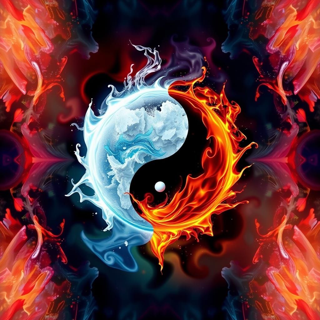 Hyperrealistic Yin Yang Symbol Unites Ice and Fire