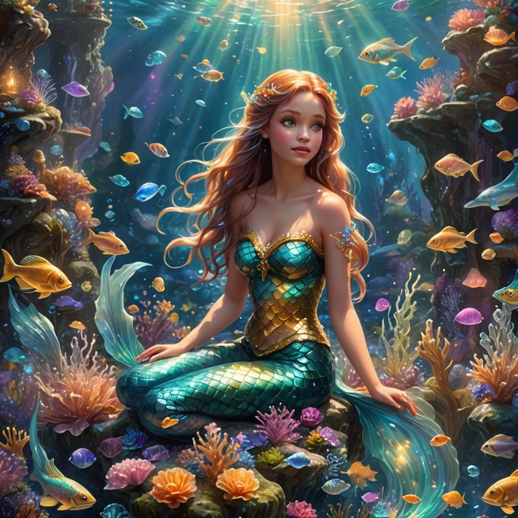 Ethereal Mermaid in Underwater Garden, Kinkade Style