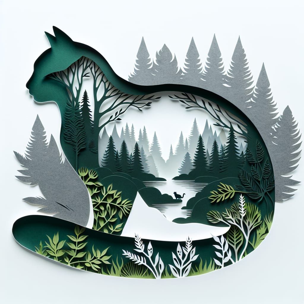 Forest Cat: Paper Cutout Double Exposure Art