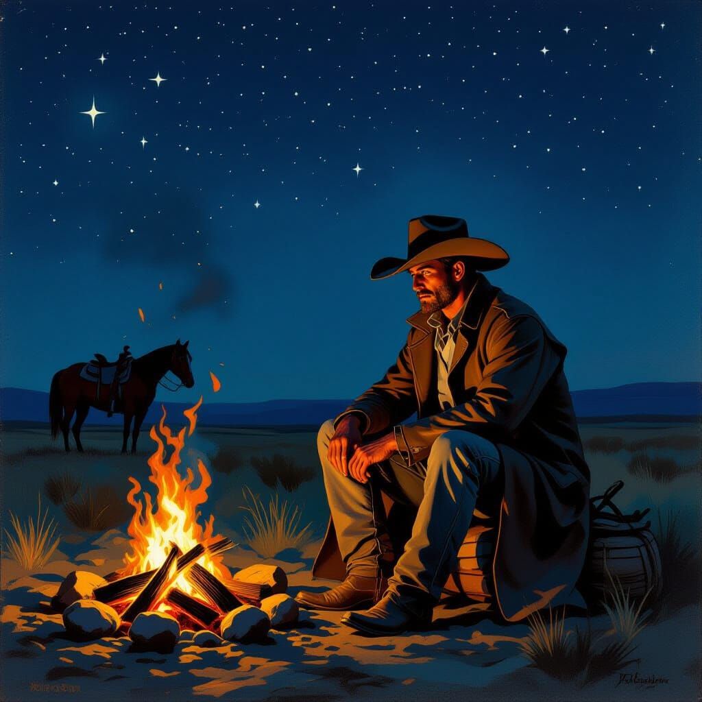 Cowboy Campfire Under Starry Night Sky