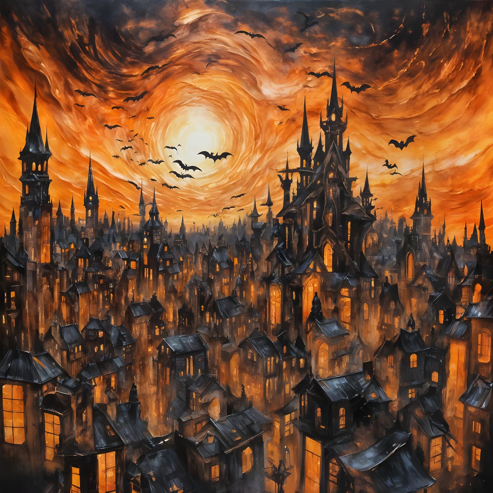 Halloween Cityscape in Impressionist Style