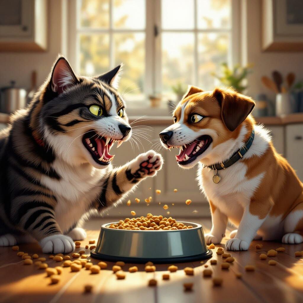 Cat and Dog Food Bowl Rivalry in Cozy Kitchen