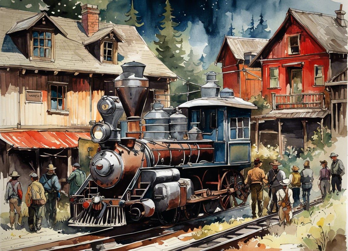 Colorful Western Village in Watercolor Style