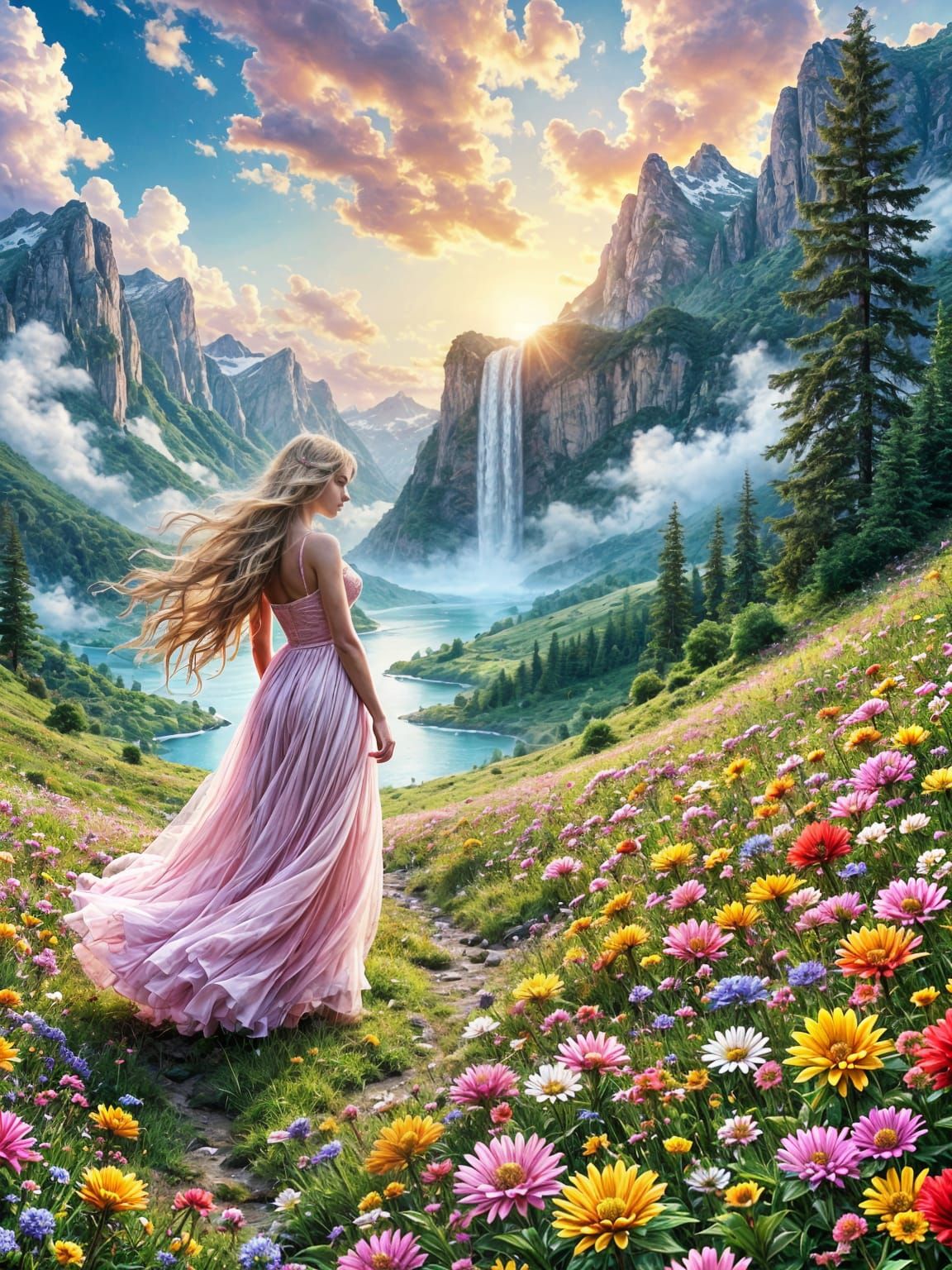 Goddess in Valley of Flowers at Sunset, Hyperrealism
