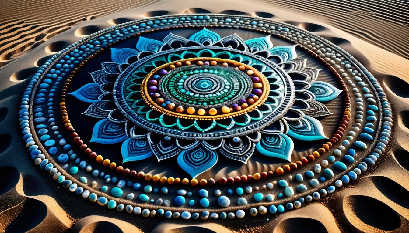 Gemstone Mandala in Sand: Hyperrealistic Image