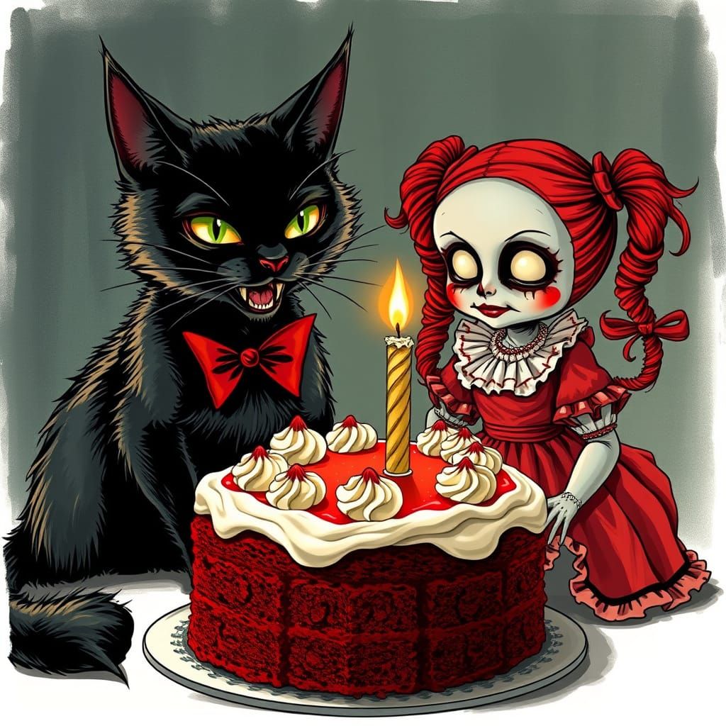 Whimsical Gothic Cat and Doll Share Birthday Cake