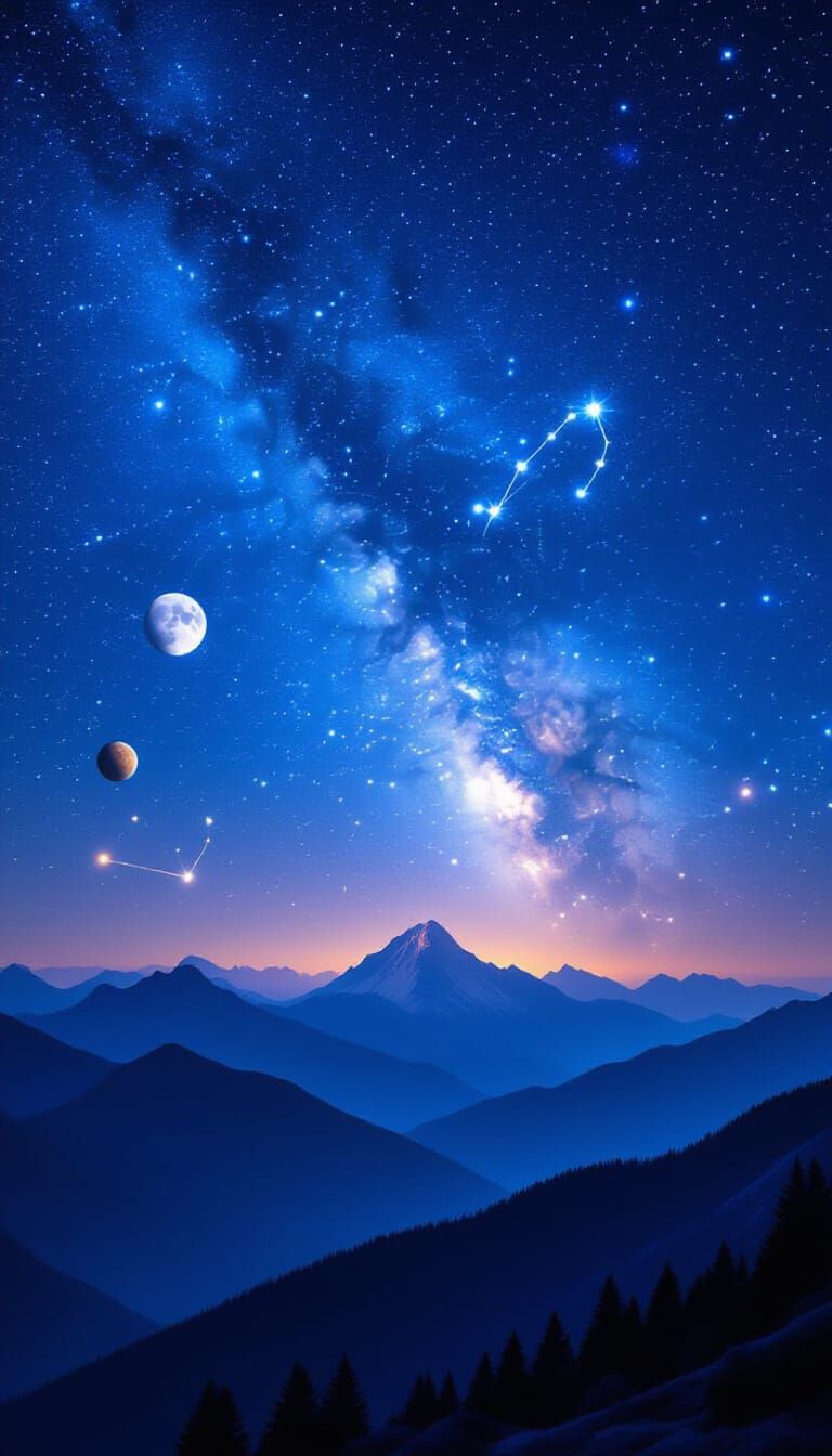 Ethereal Night Sky with Zodiac Constellations Over Mountains