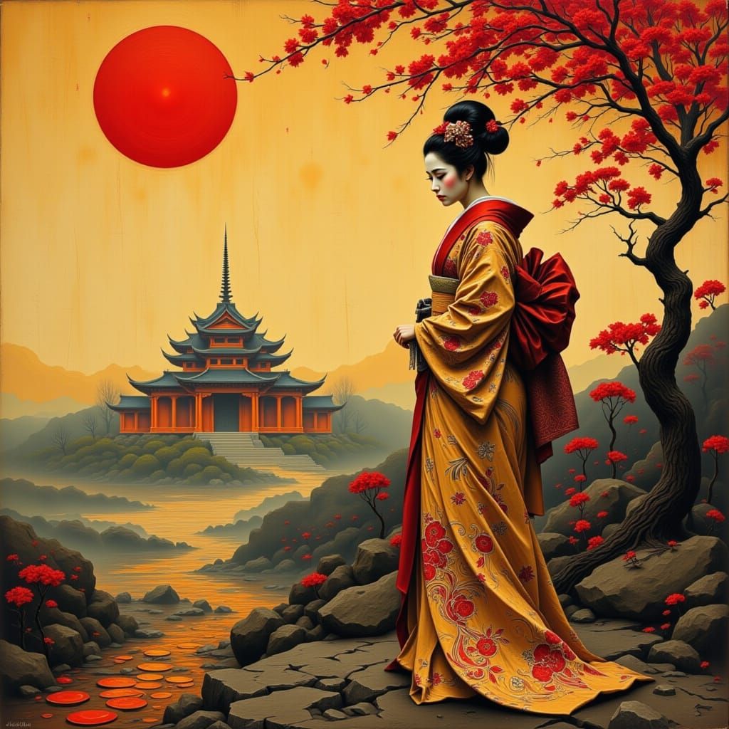 Geisha in Red Kimono by Temple, Art Nouveau Style