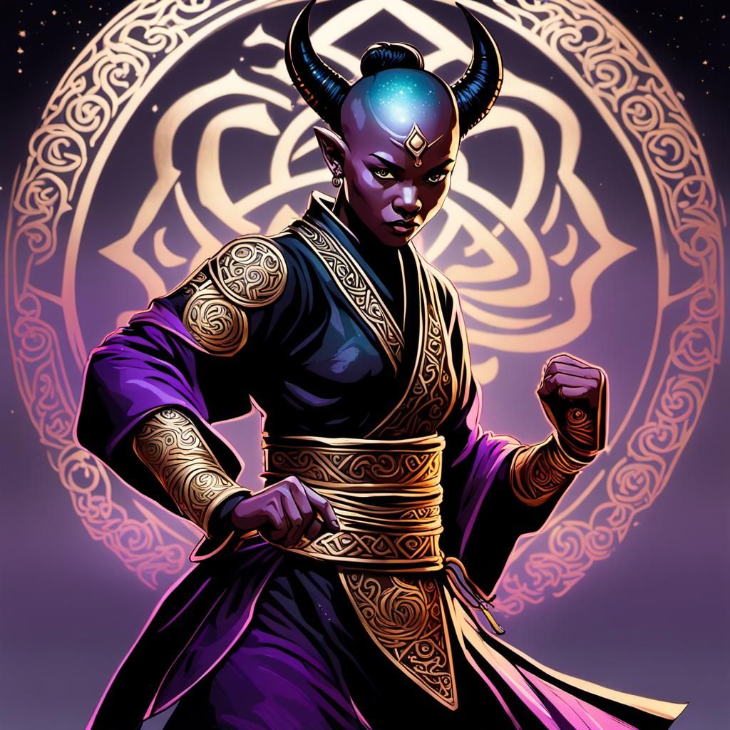 Tiefling Monk Practicing Kata in Magical Dojo
