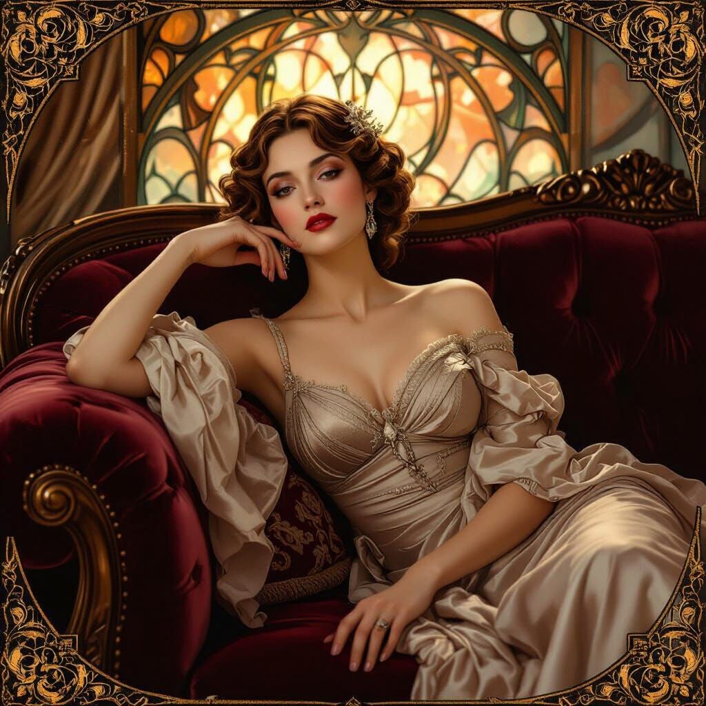 Elegant Woman Reclining in Art Nouveau Style