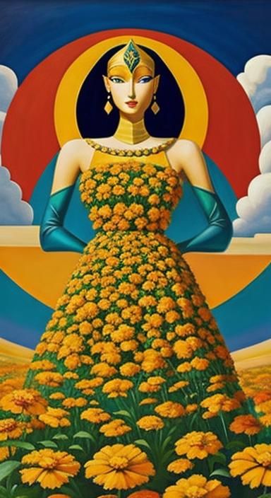 Surreal Marigolds, Sphinx, and Sundress in Oil Gouache