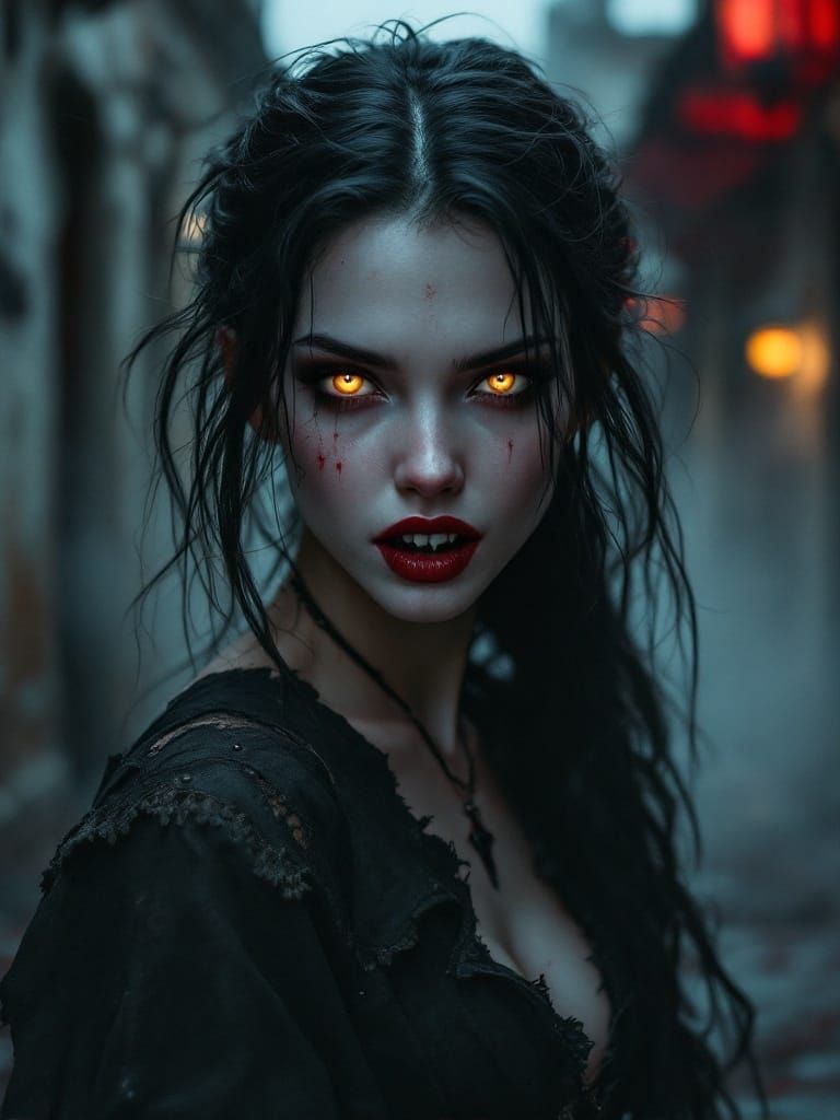 Sensual Vampire Goddess Under Moonlit Fog