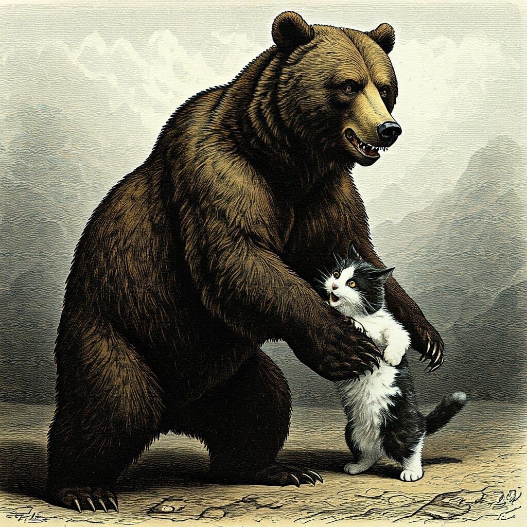Fierce Feline vs Ferocious Bear in Dark, Whimsical Art