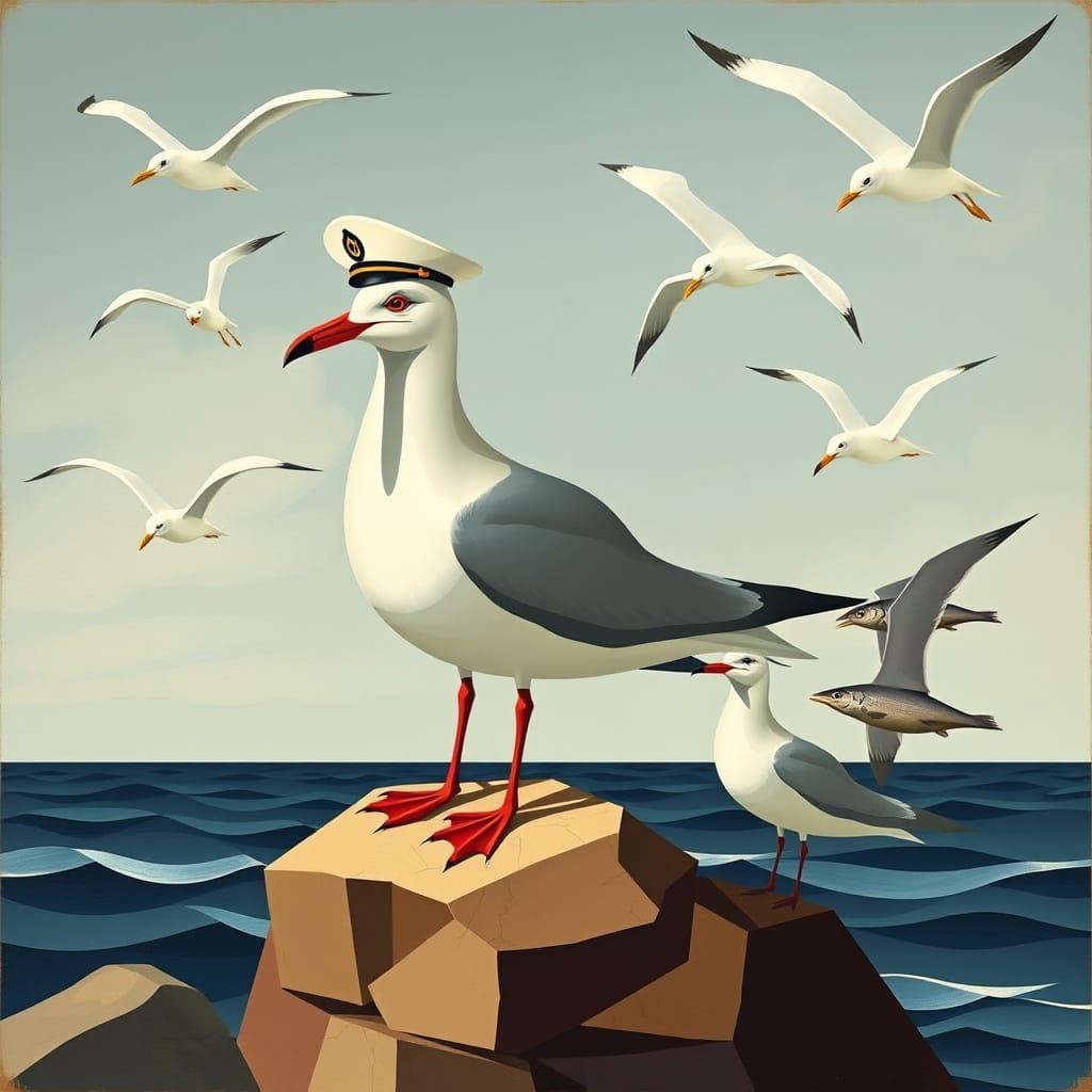 Seagull in Sailor Cap, Cubist Painting Style