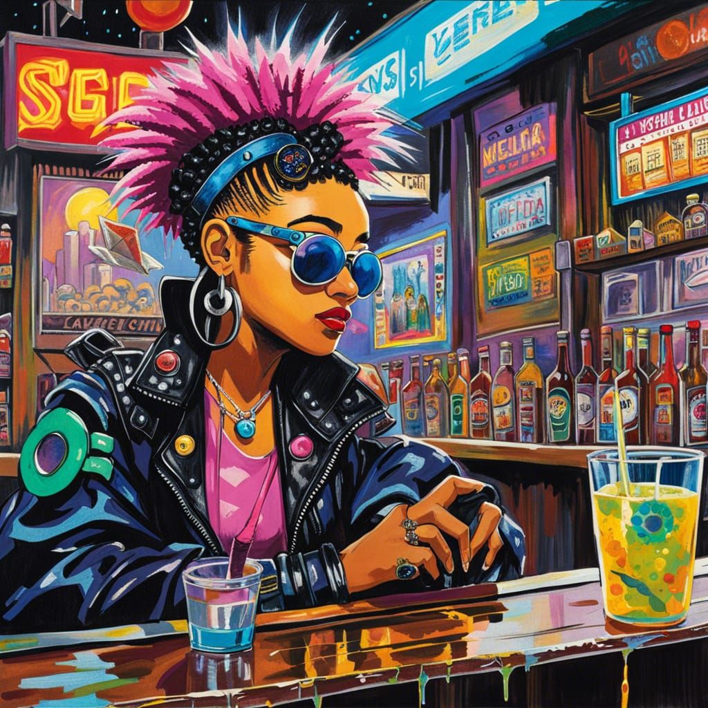 Cybergoth Woman in Post-Apocalyptic Bar, Graffiti Art