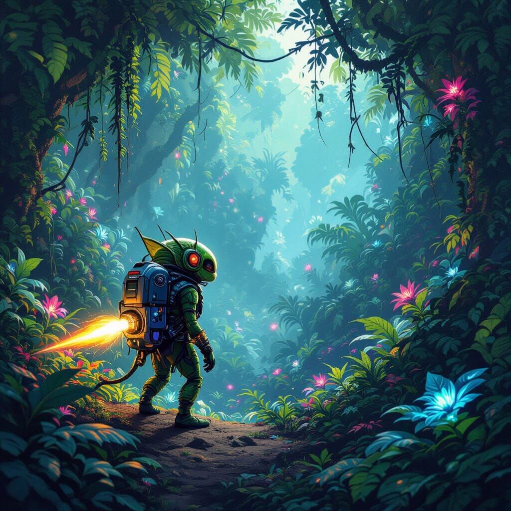 Gremlin Explores Alien Jungle with Bioluminescent Flora