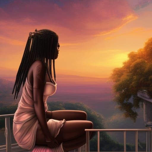 Black Girl Balcony Sunset: Detailed Matte Painting