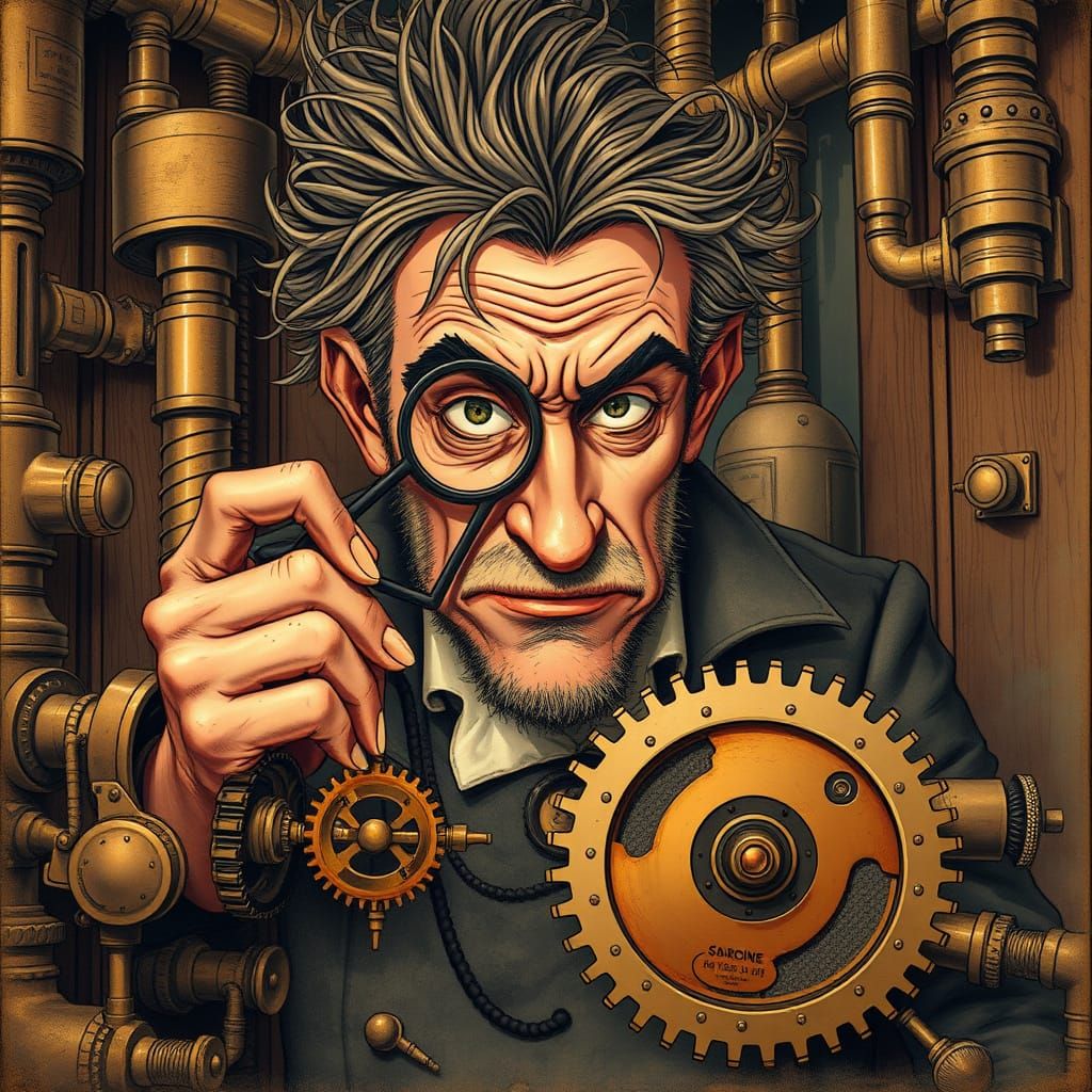 Eccentric Scientist Examines Intricate Gearwork in Steampunk...