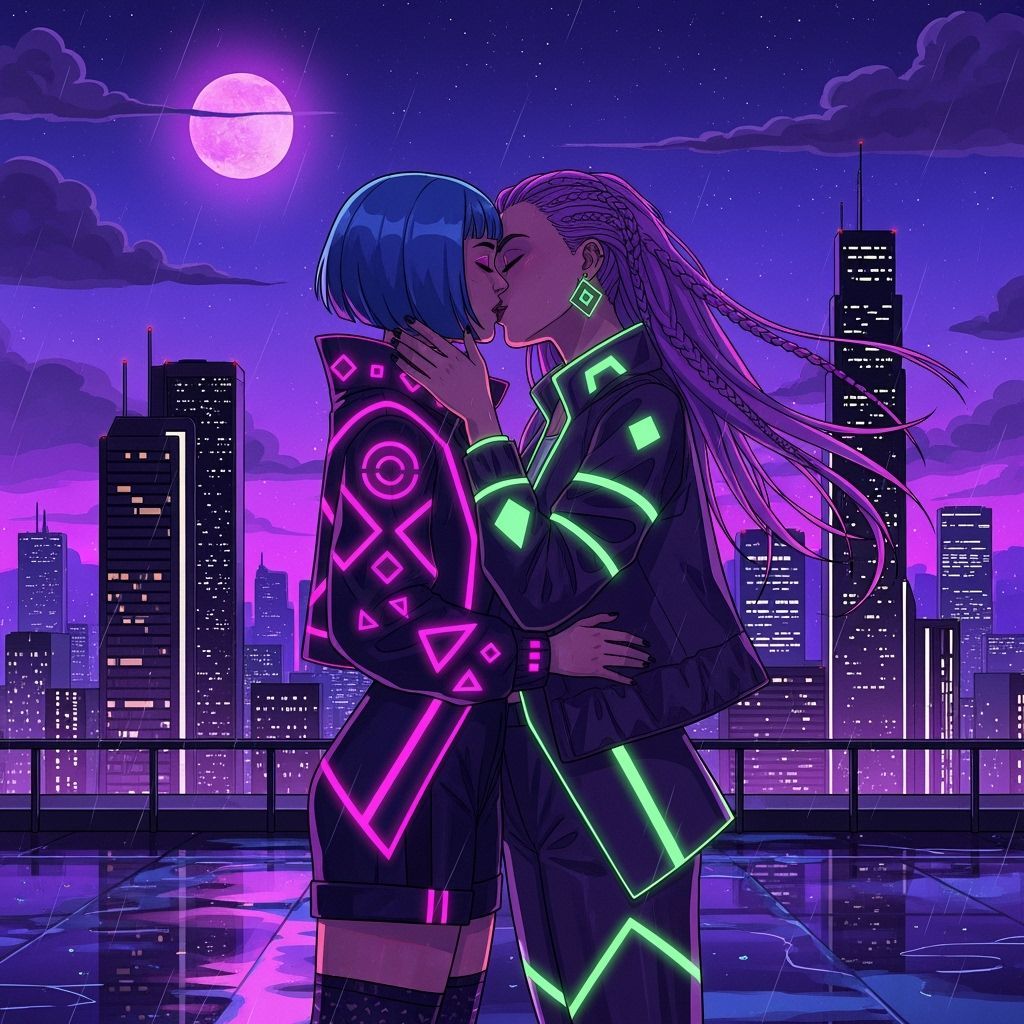 Neon Kiss: Synthwave Rooftop Romance Under Purple Moon