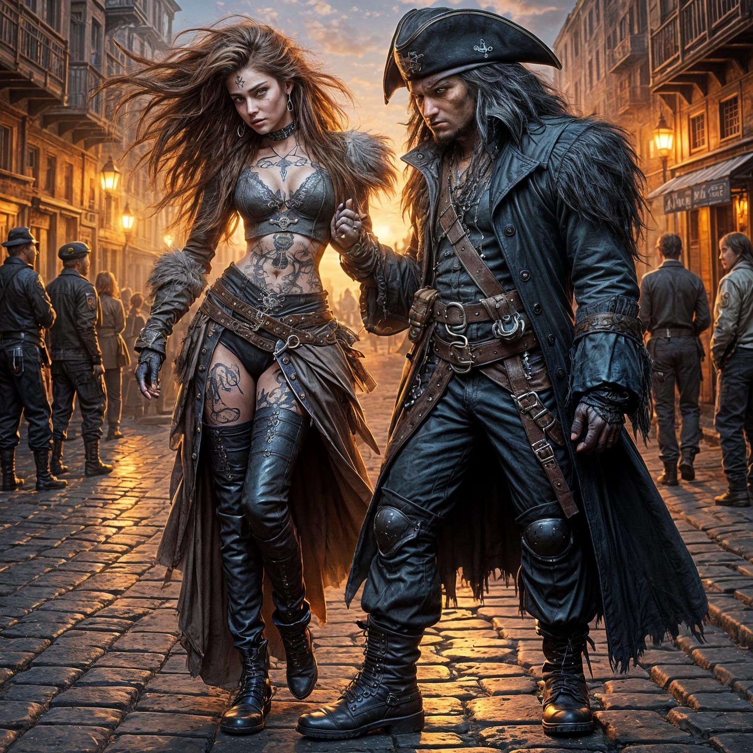 Pirate Captains Unite: Fiery Port Town Scene