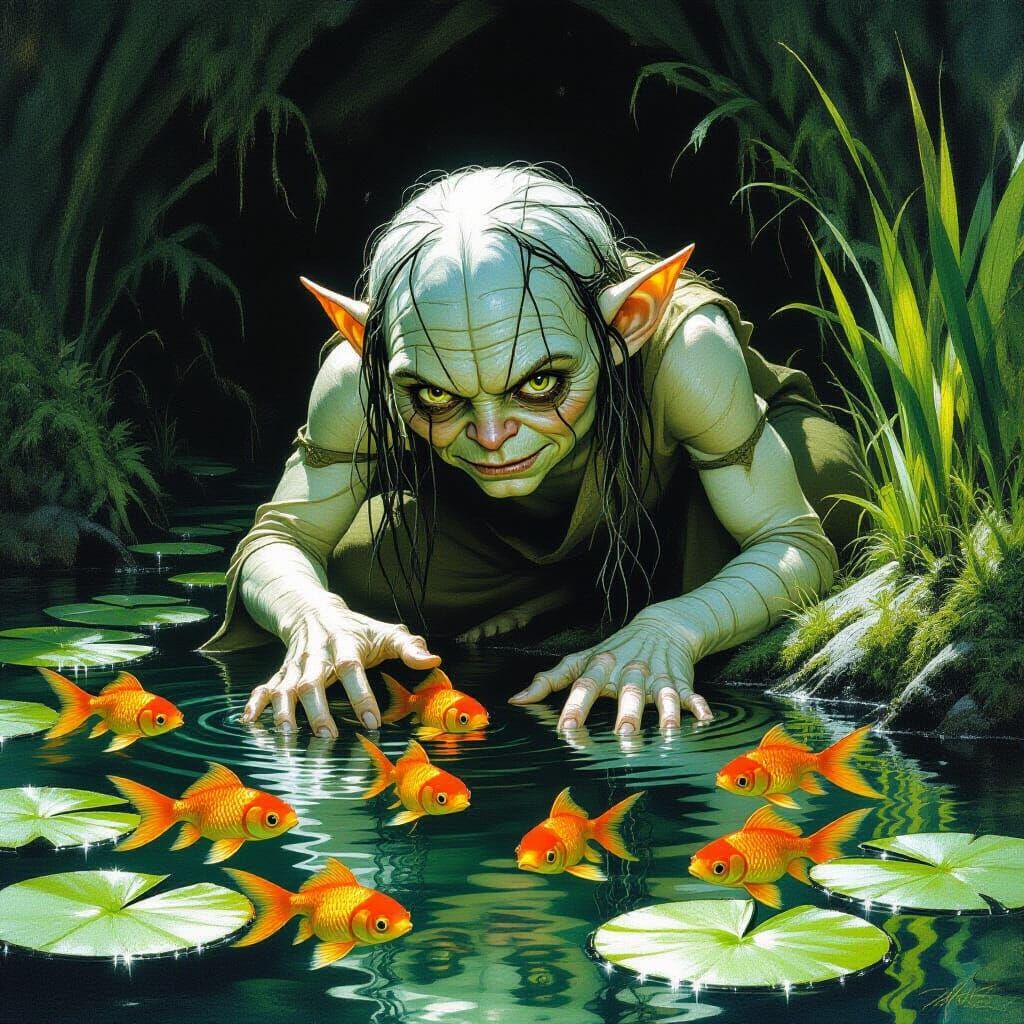 Smeagol Reaches for Goldfish in Moody Fantasy Art