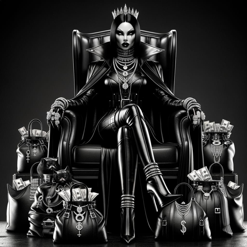 Leather Villainess on Throne with Stolen Jewels