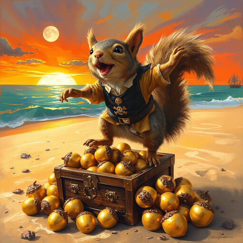 Pirate Squirrel Leaps for Golden Treasure on Beach at Sunset