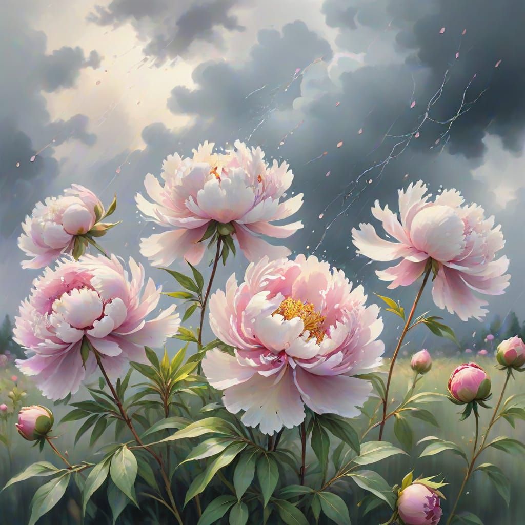 Impressionist Peonies in Summer Rain