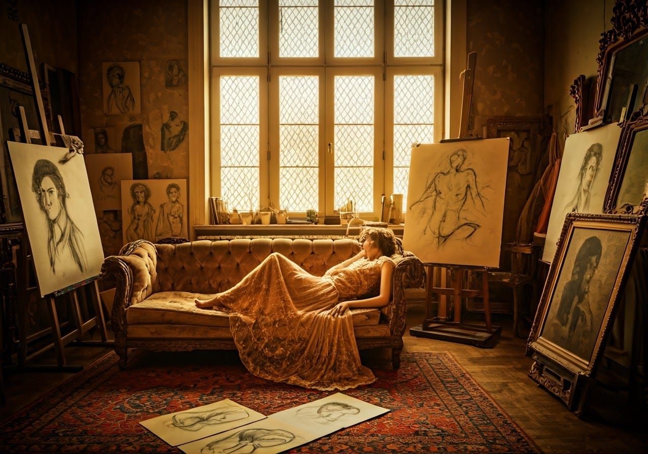 1920s Atelier with Model in Art Nouveau Style