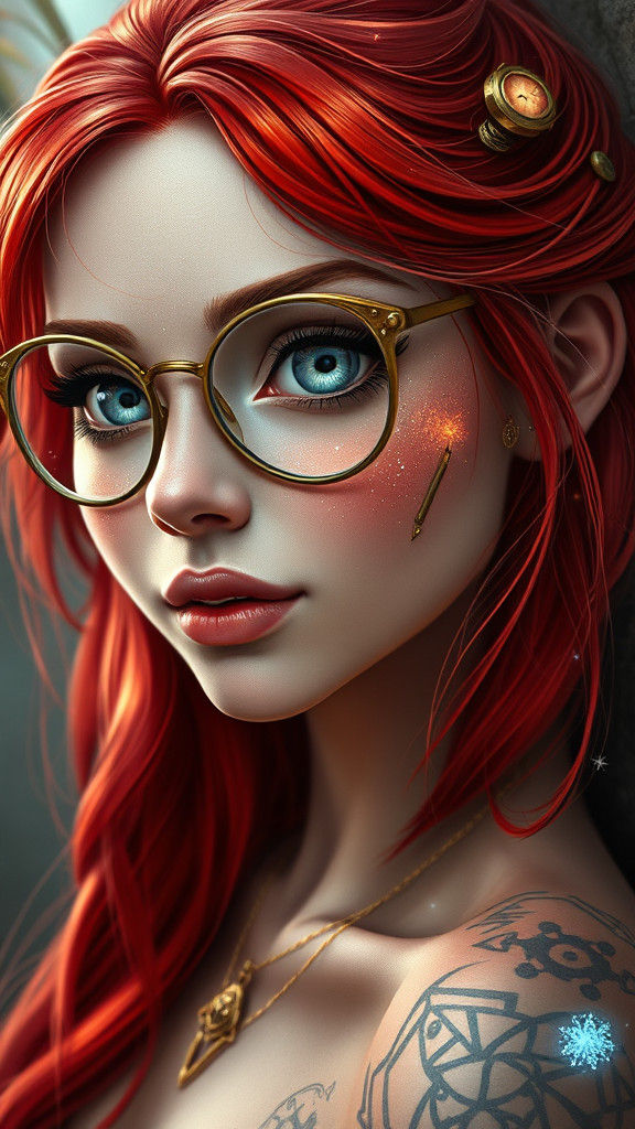 Steampunk Fairy Portrait with Fiery Hair and Rune Tattoos