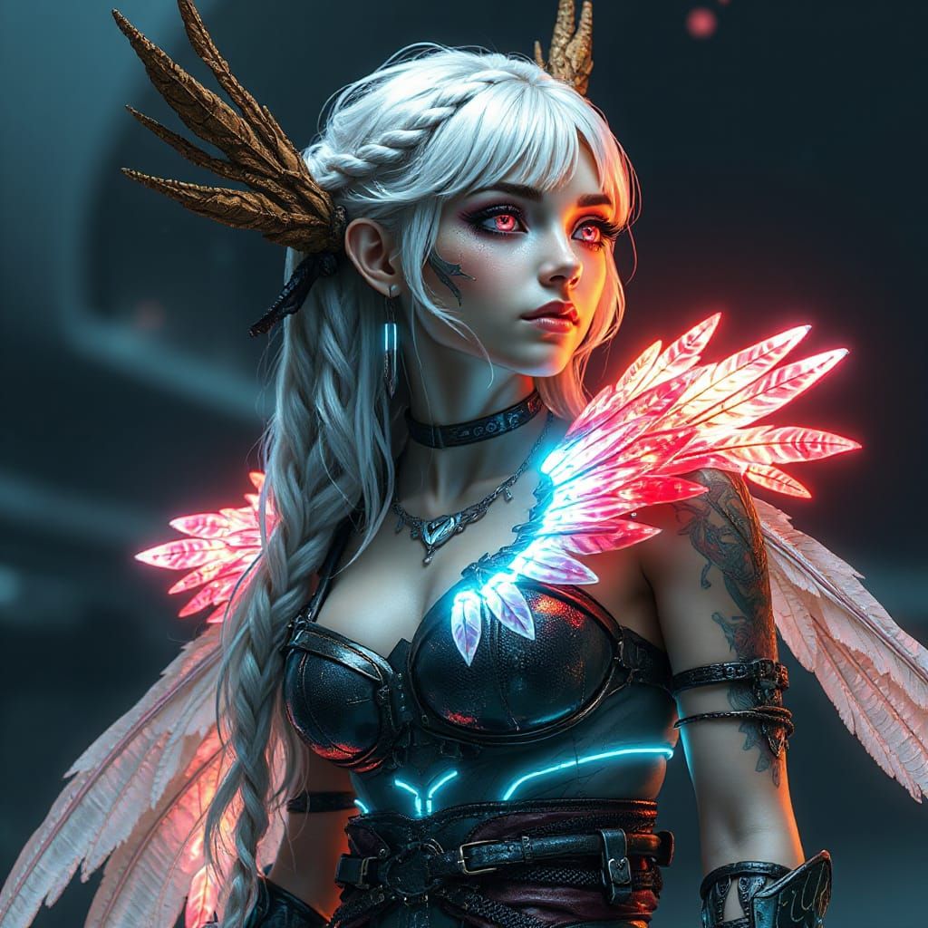 Cyberpunk Valkyrie with Bioluminescent Feathers and Glowing ...