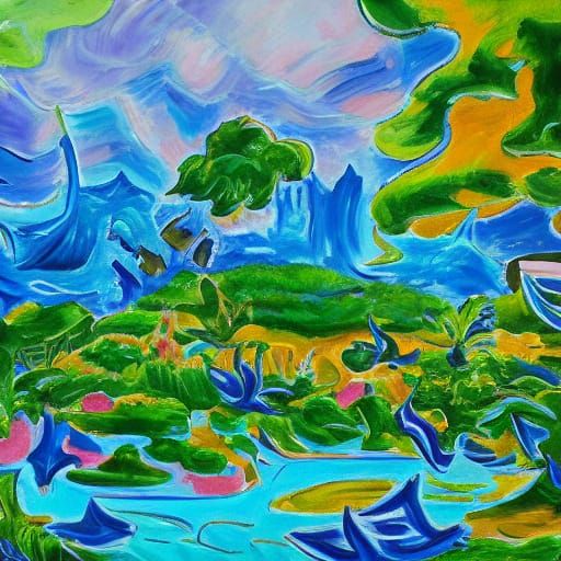 Floating Islands with Joyful People in Vibrant Oil Painting