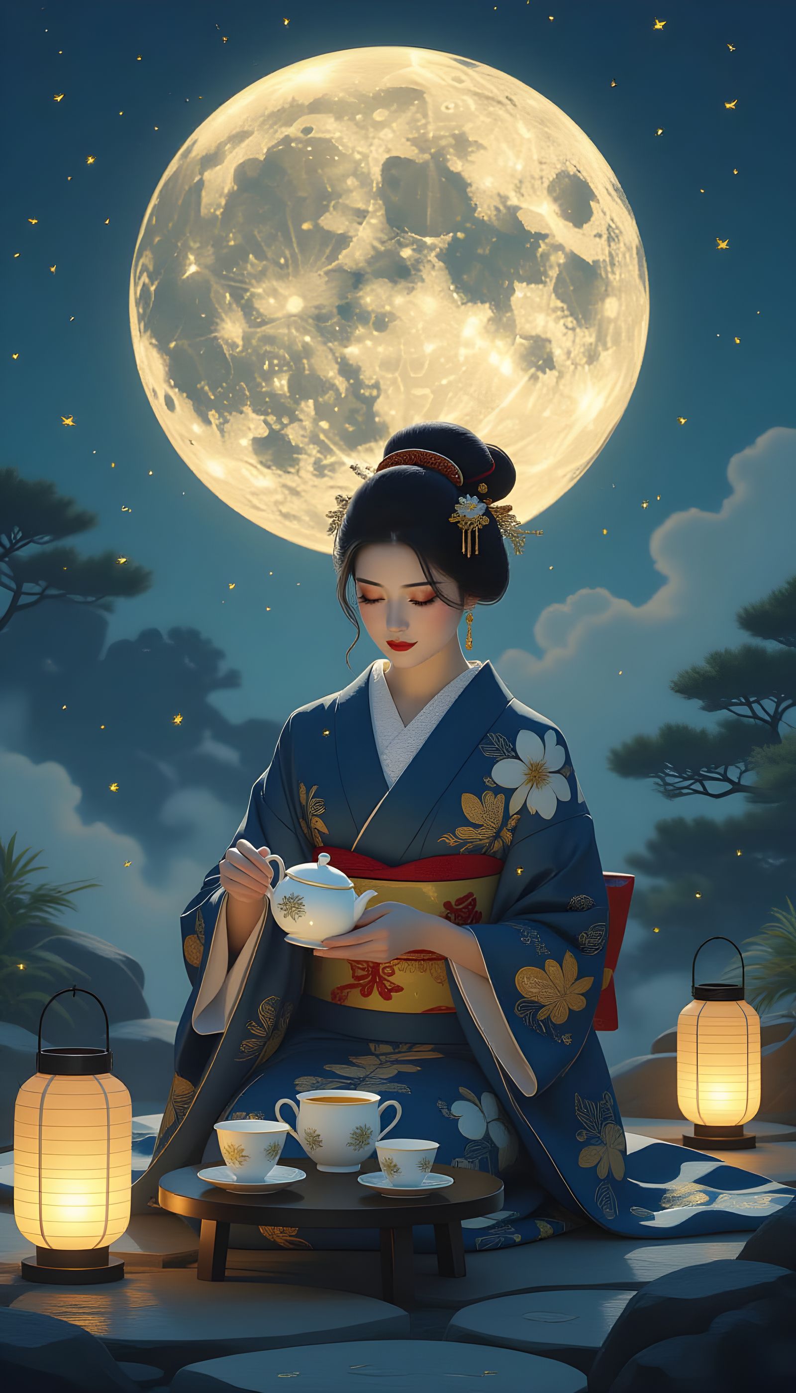 Moonlit Tea Ceremony in Japanese Garden