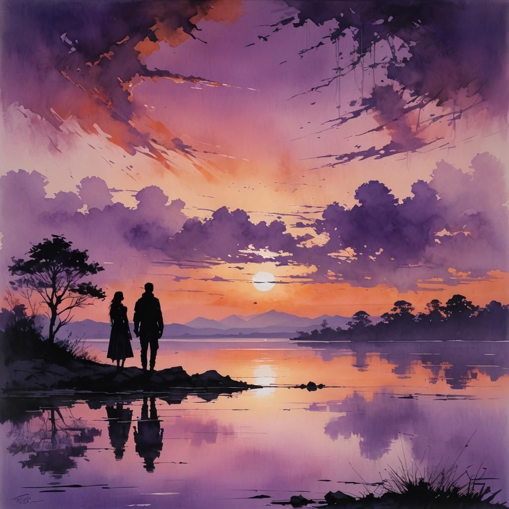 Lovers Silhouetted at Sunrise in Sumi-e Style