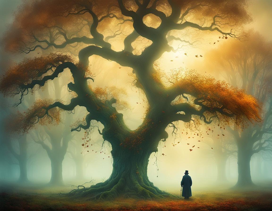 Whimsical Orchard Tree in Fog, Illustration Art