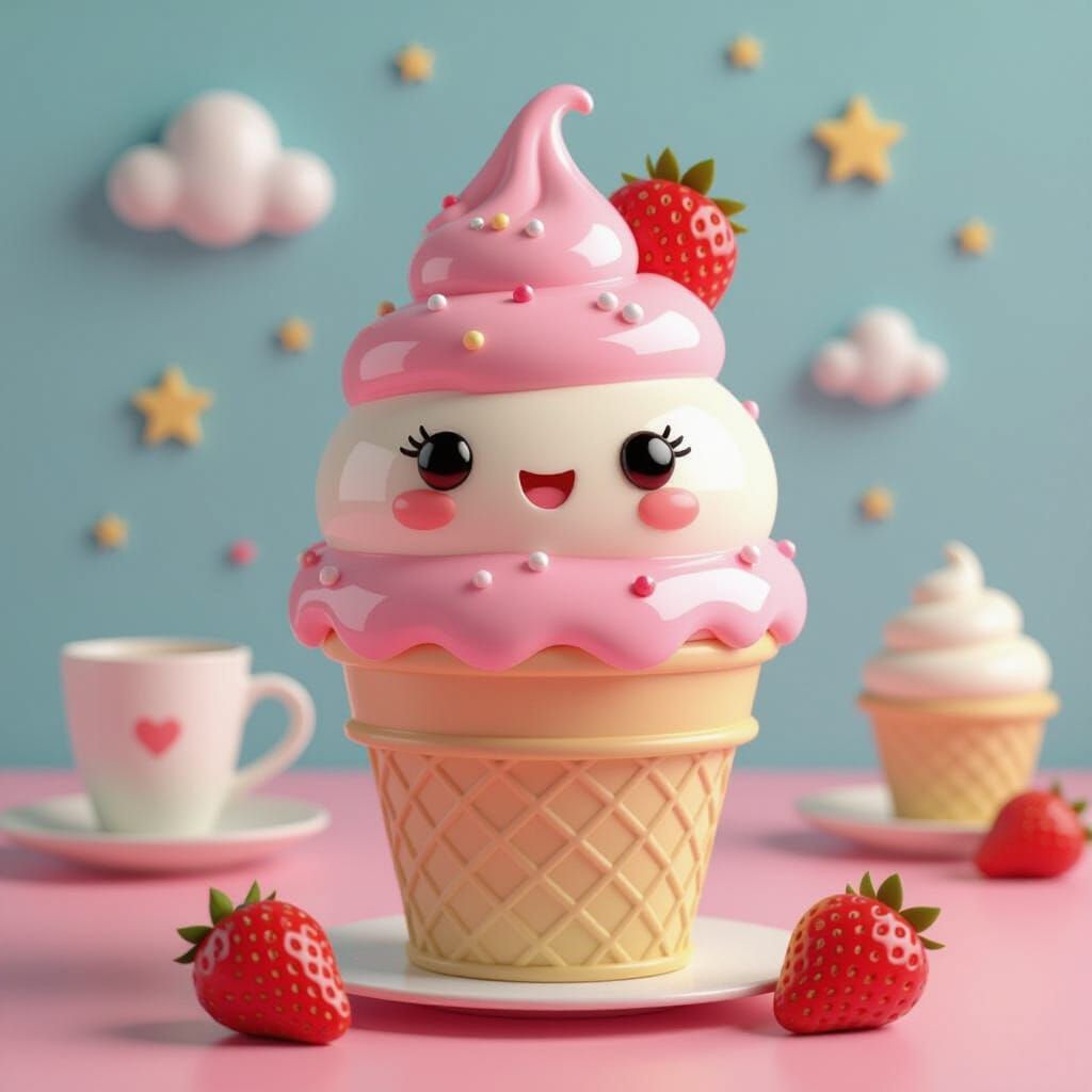 Kawaii Strawberry Ice Cream Lamp, Digital Illustration