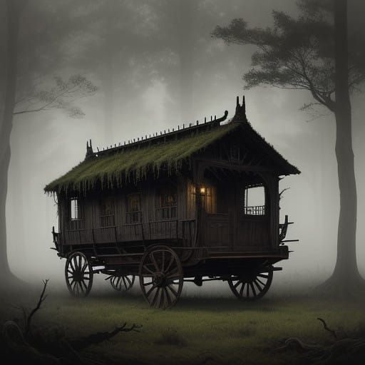 Ancient, Ornate Wagon in Dark, Misty Forest