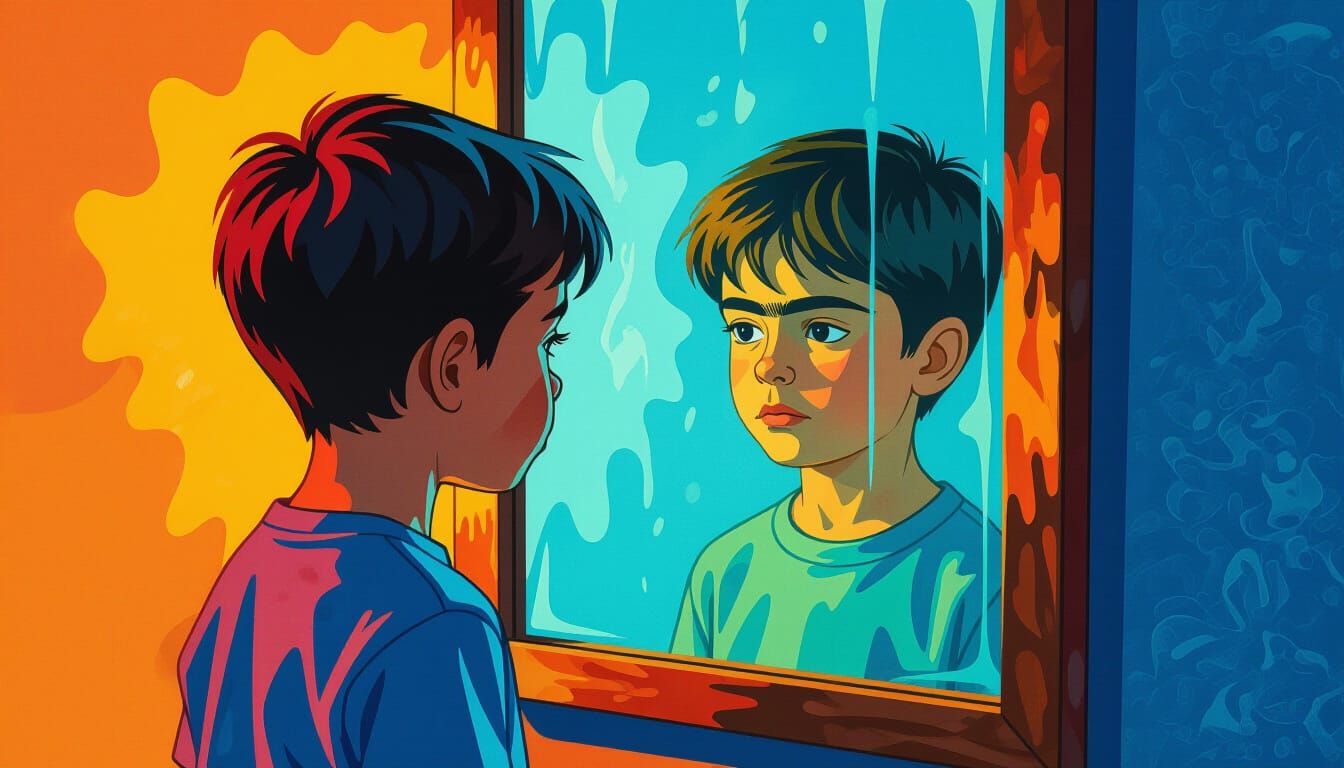 Boy Gazes Into Distorted Mirror, Cartoon Style