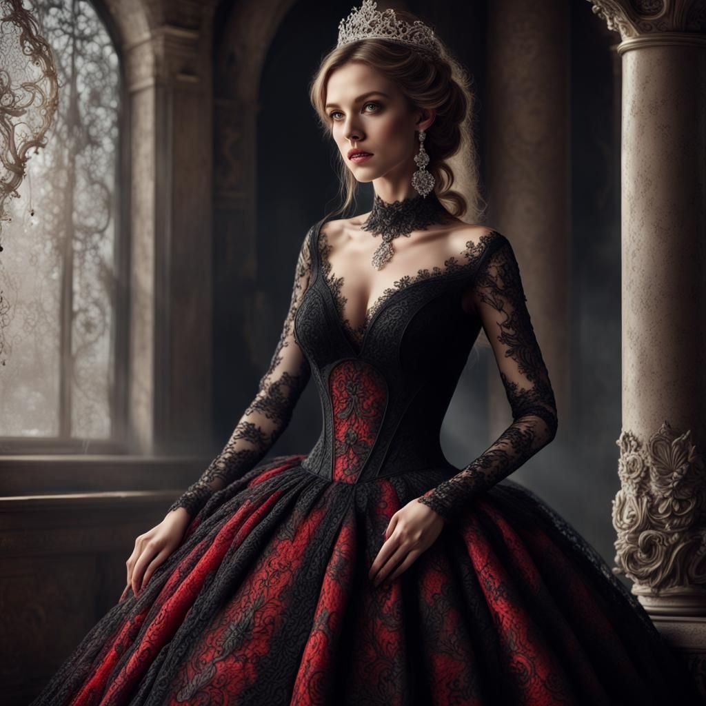 Queen in Red-Black Lace Dress, Romantic Portrait